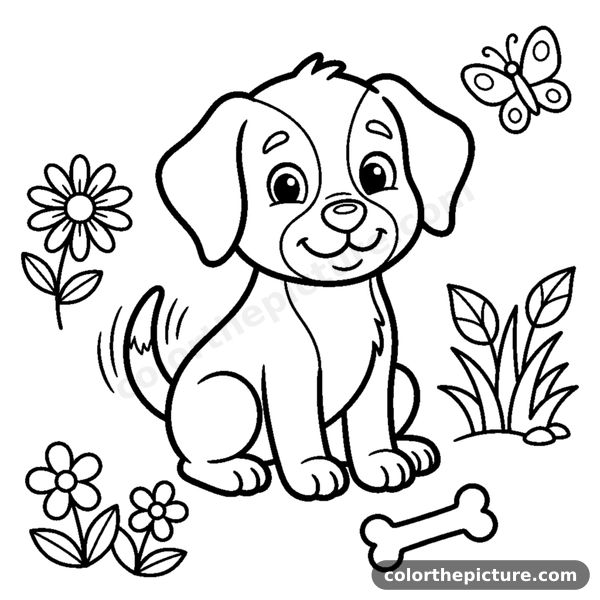 Disegno da colorare: Cucciolo Carino con la Coda Scodinzolante