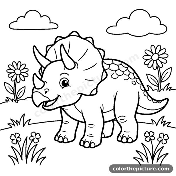 Ausmalbild Freundliches Baby-Triceratops auf der Wiese
