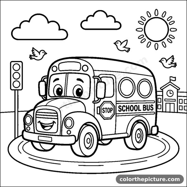 School bus with big round wheels coloring page