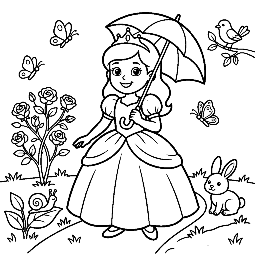 Ausmalbild Prinzessin mit Schirm im Garten