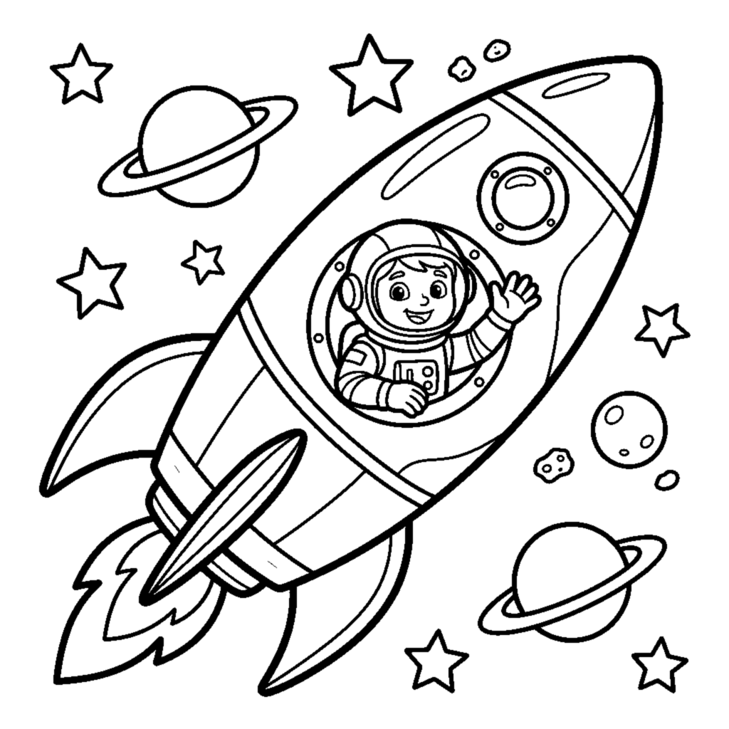 Disegno da colorare: Razzo con un Astronauta che Saluta dal Finestrino