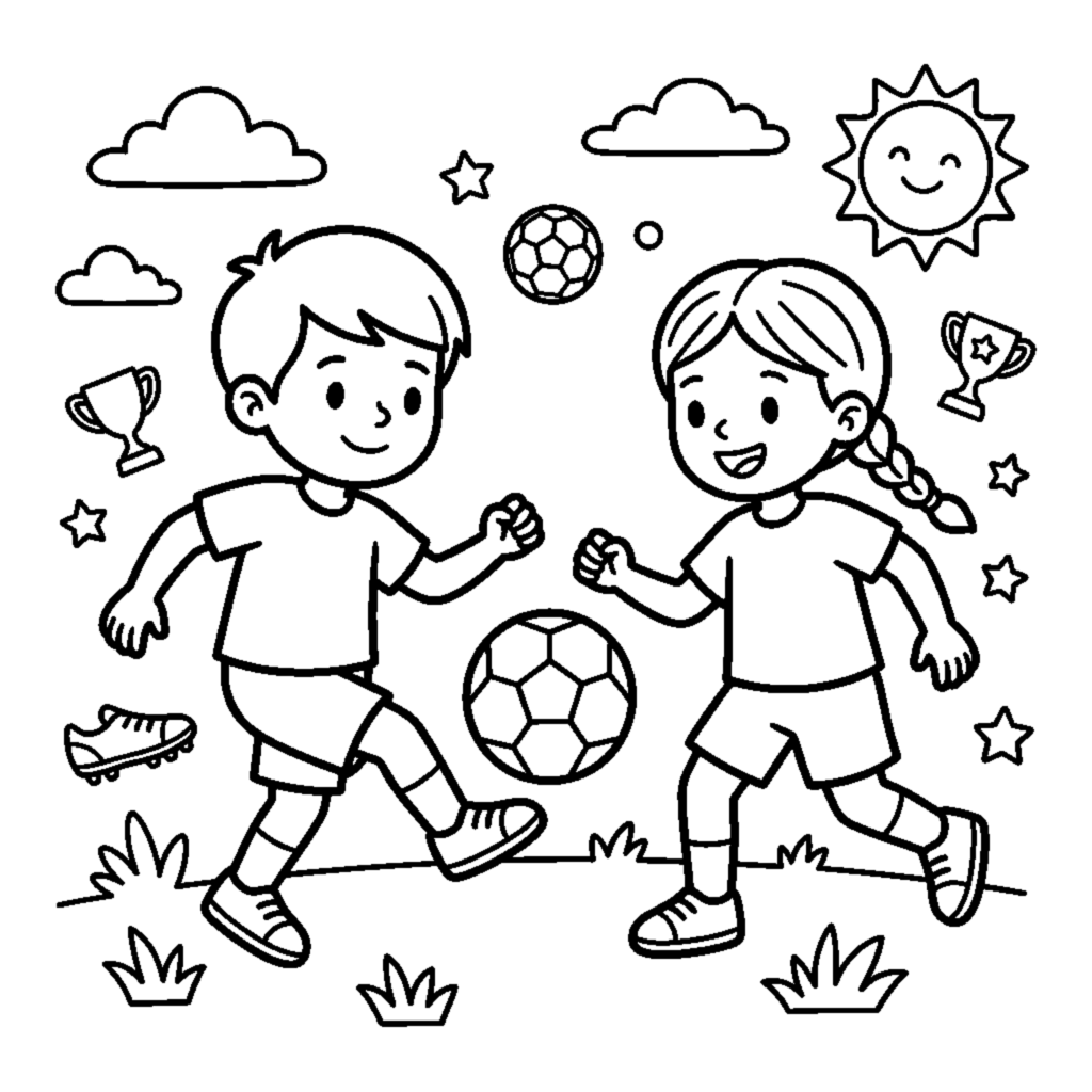 Disegno da colorare: Due bambini che si passano il pallone