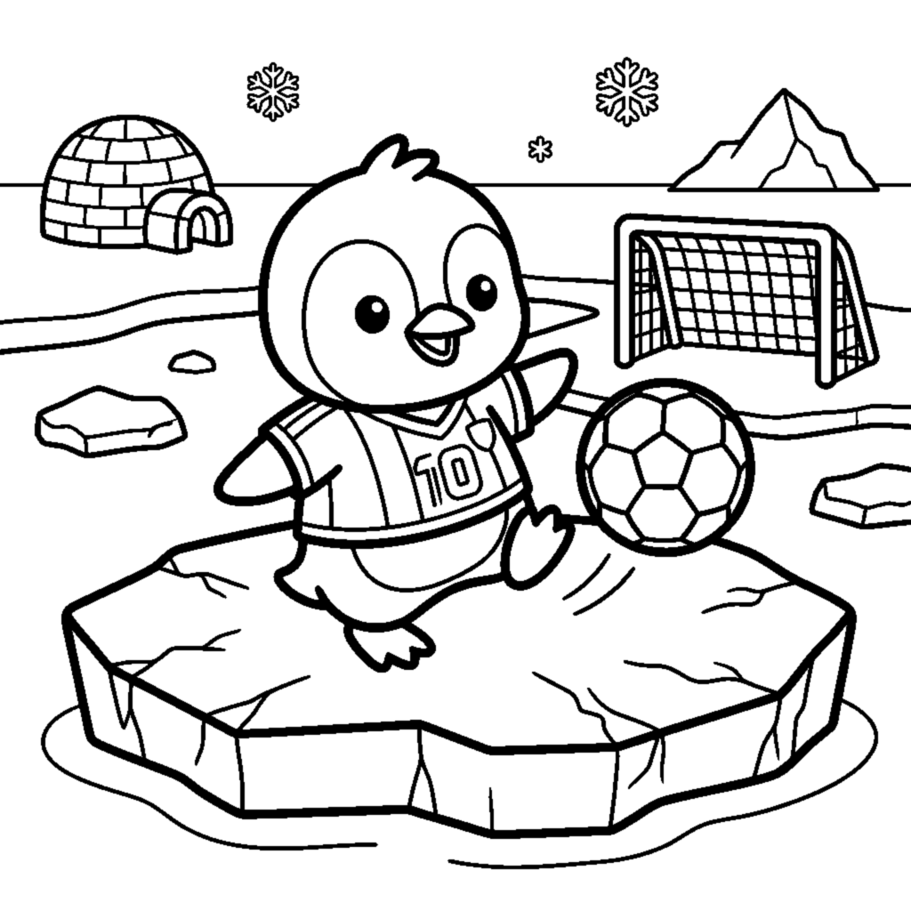 A little penguin happily kicking a soccer ball coloring page