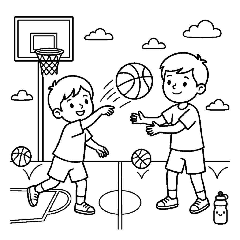 Dibujo para colorear: Dos niños pasándose un balón de baloncesto