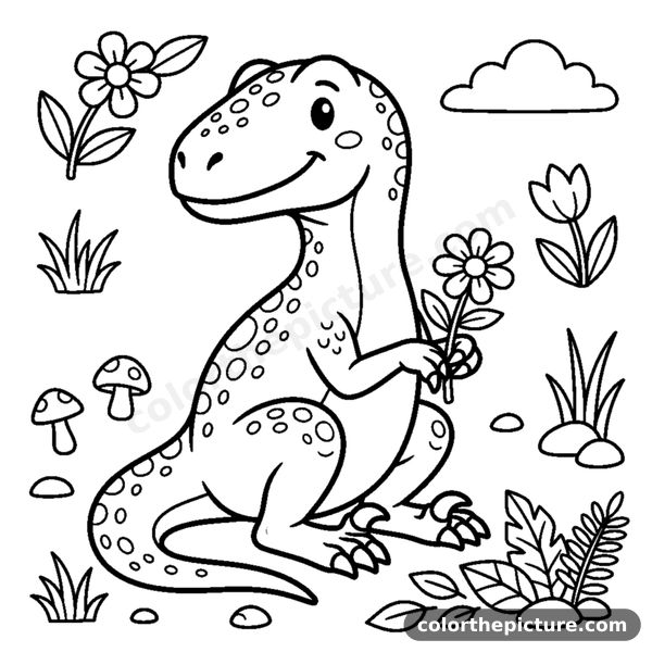 Ausmalbild Freundlicher Velociraptor mit Blume