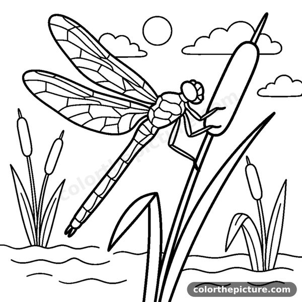 Dibujo para colorear: Esbelta libélula con alas delicadas sobre una espadaña
