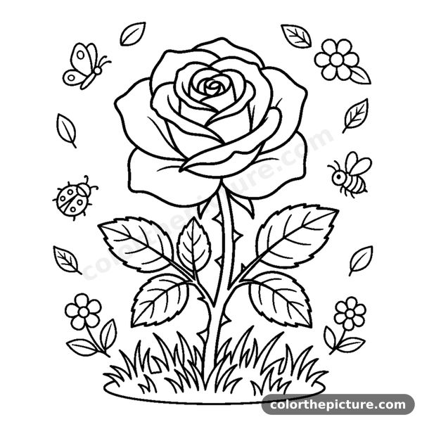 Coloriage Rose Épanouie à la Tige Épineuse