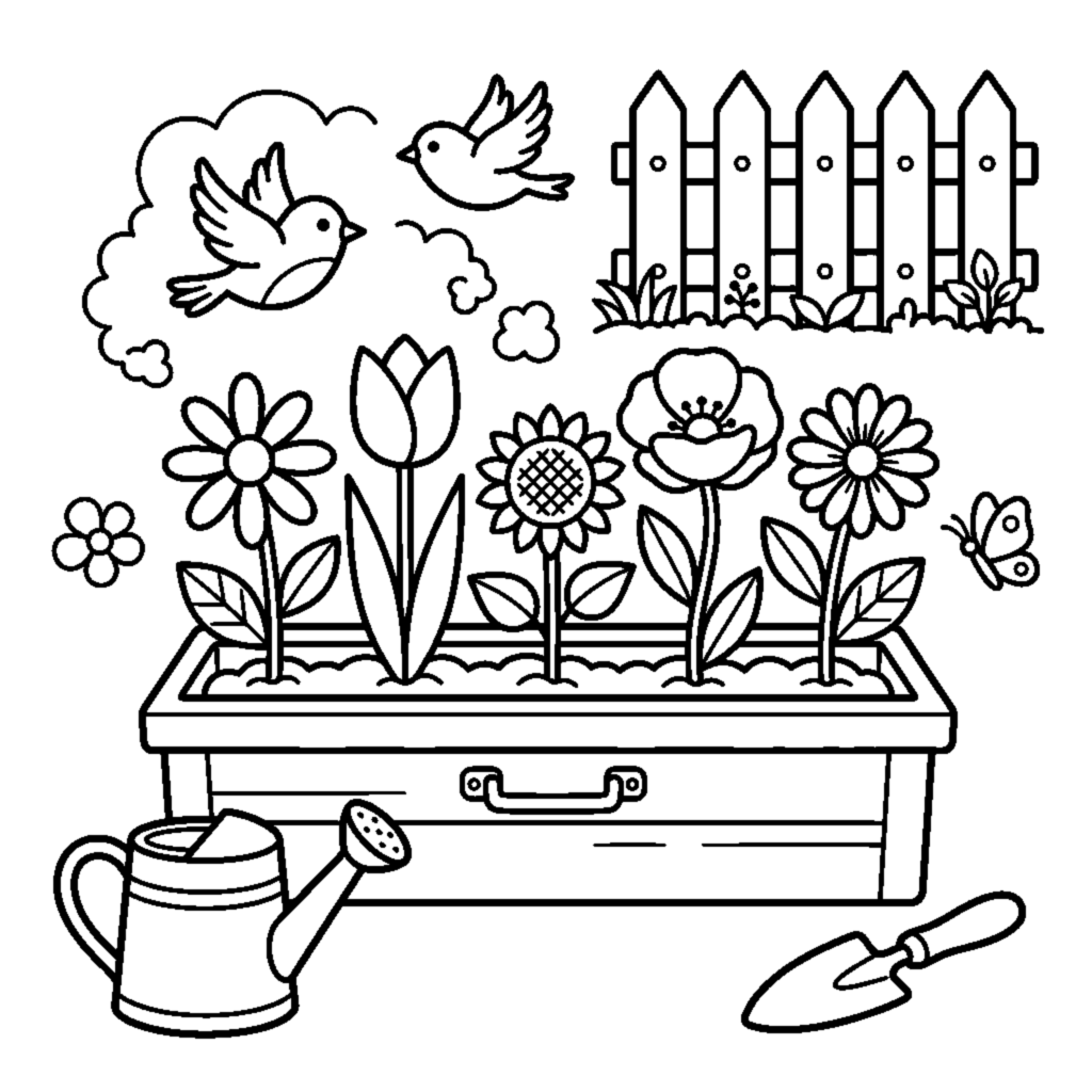 Ausmalbild Blumenkasten mit Bunten Blüten