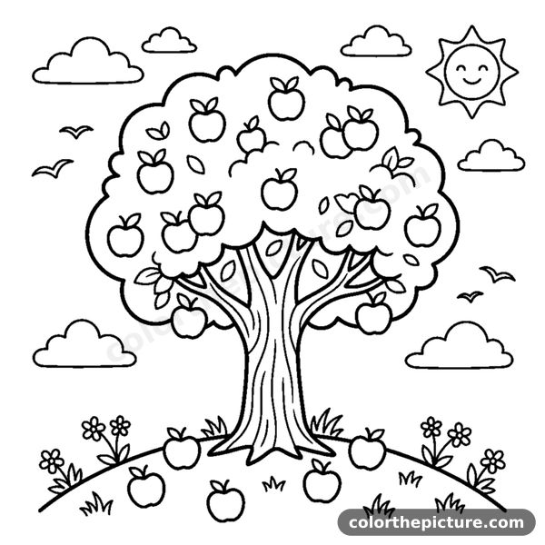 Desenho para colorir: Macieira Cheia de Maçãs