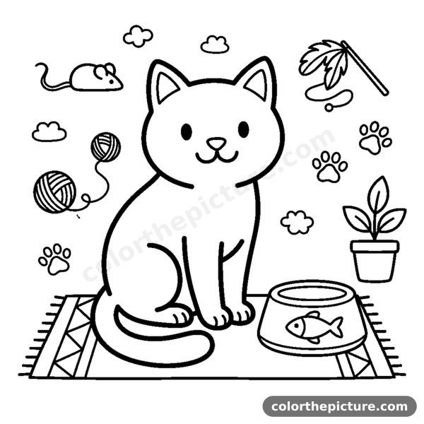 Coloriage Chat Assis à Côté d'un Bocal à Poisson