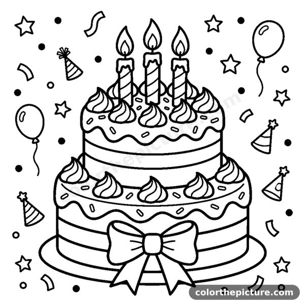Disegno da colorare: Torta di Compleanno con Tre Candeline