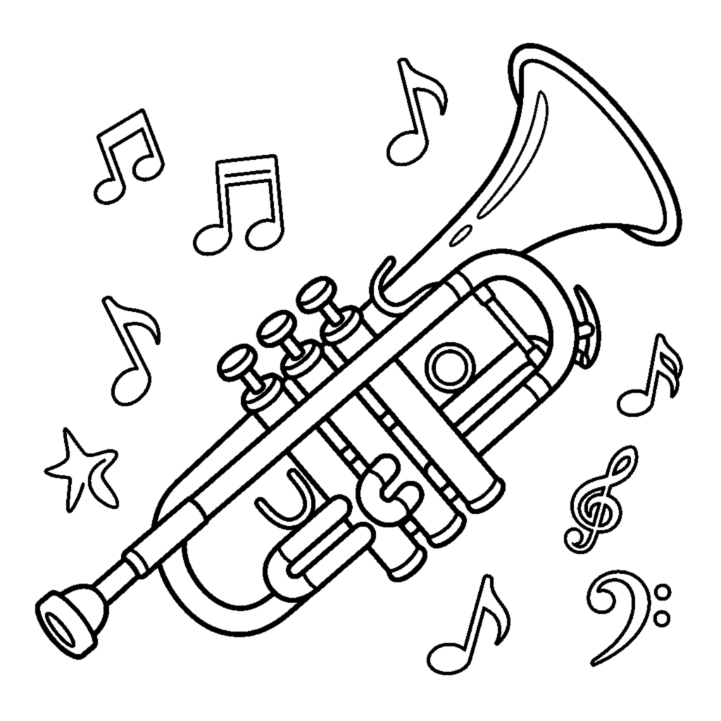 A shiny trumpet with three round valve buttons coloring page