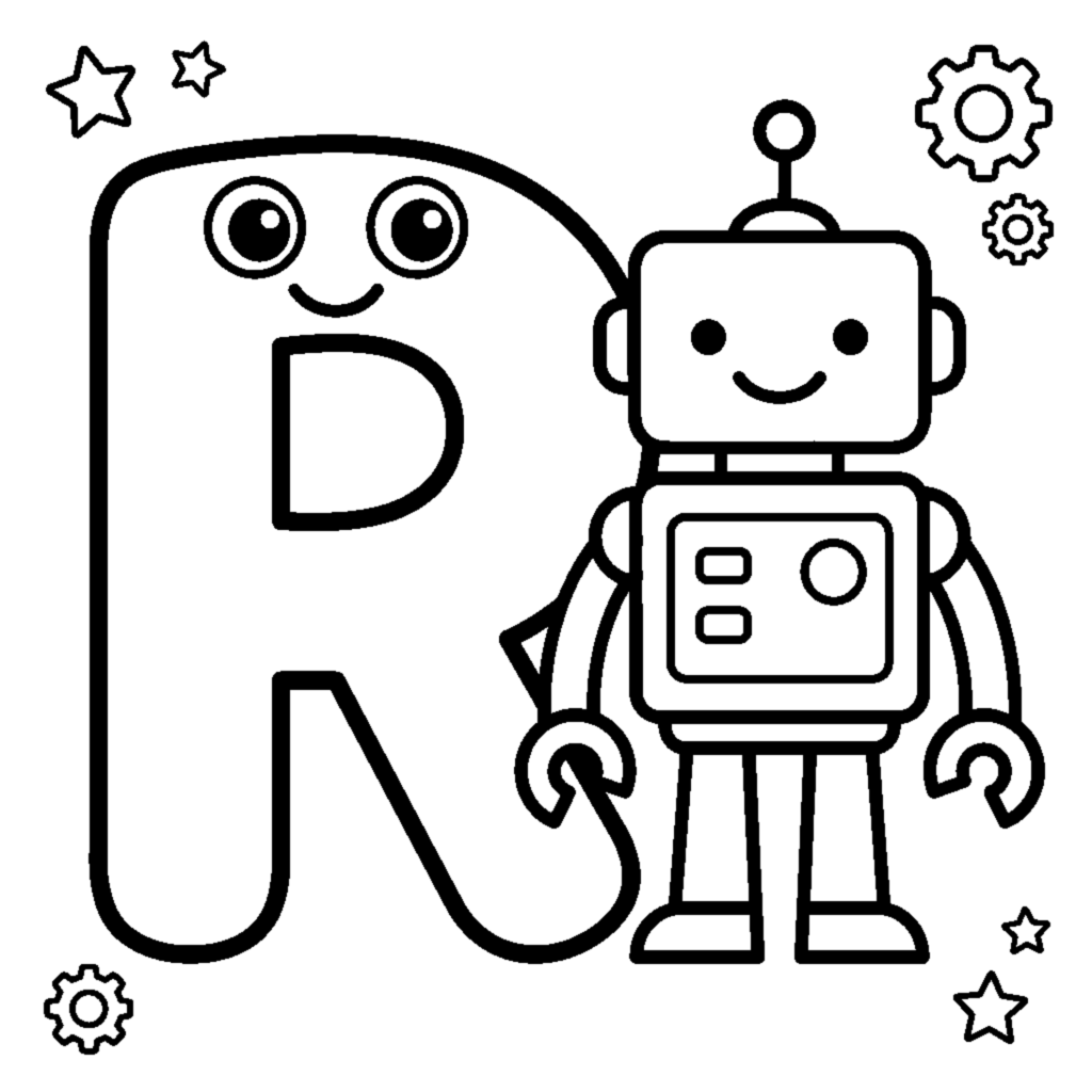 Ausmalbild Buchstabe R und ein bunter Roboter