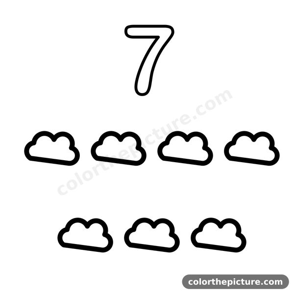 Desenho para colorir: Número 7 e 7 nuvens fofinhas