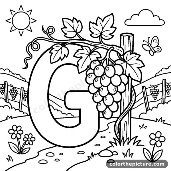 Coloriage Scène de vignoble avec la lettre G et une grappe de Raisin