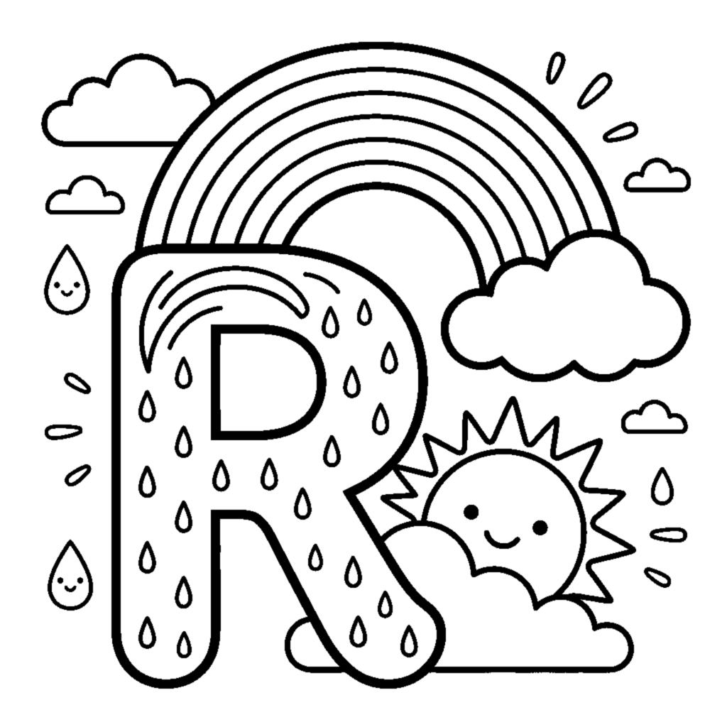 Letter R with a beautiful Rainbow in the clouds coloring page