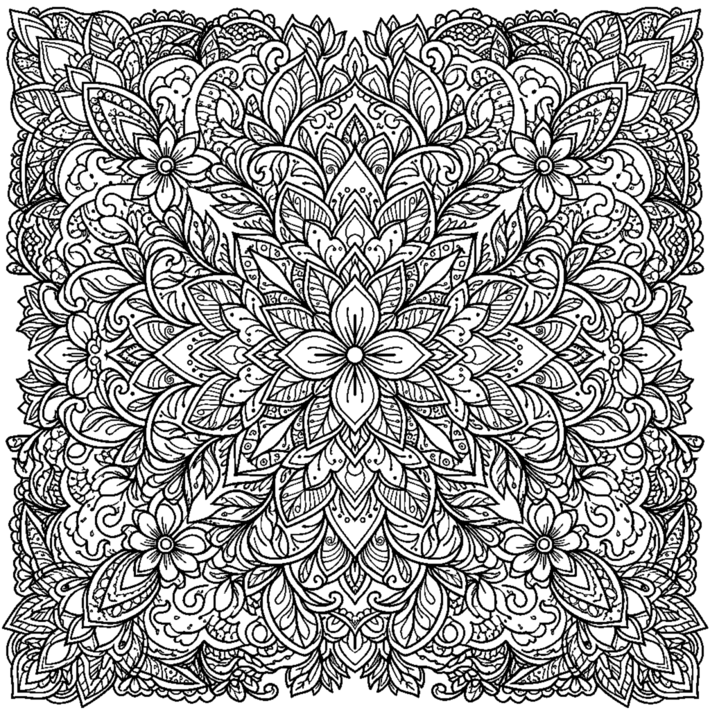 Symmetrical Mandala with Zentangle Flower Petals coloring page