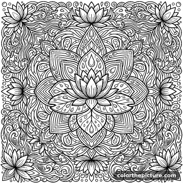 Desenho para colorir: Mandala de Água com Folhas de Nenúfar e Gotas