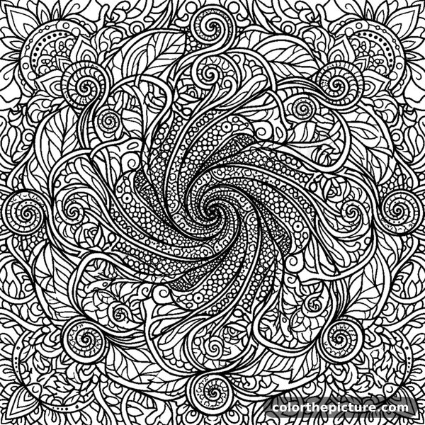 Desenho para colorir: Mandala abstrata com espirais zentangle e texturas de pontos