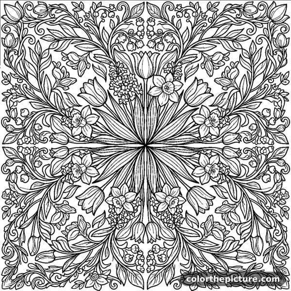 Desenho para colorir: Painel Simétrico com Tulipas, Narcisos e Jacintos