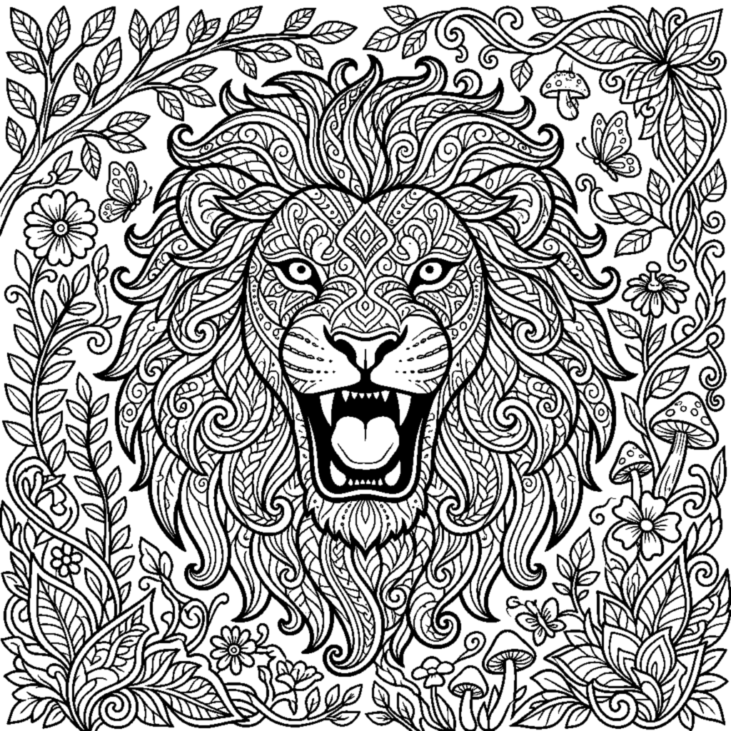 Disegno da colorare: Ritratto di un leone ruggente con spirali zentangle nella criniera