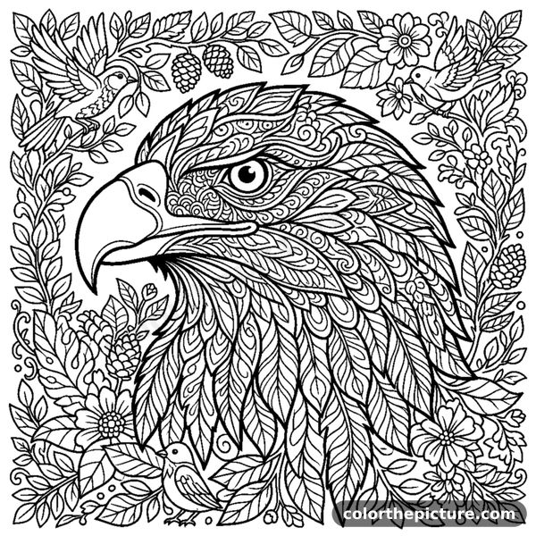 Disegno da colorare: Testa d'aquila con un decorato motivo zentangle intorno al becco e agli occhi