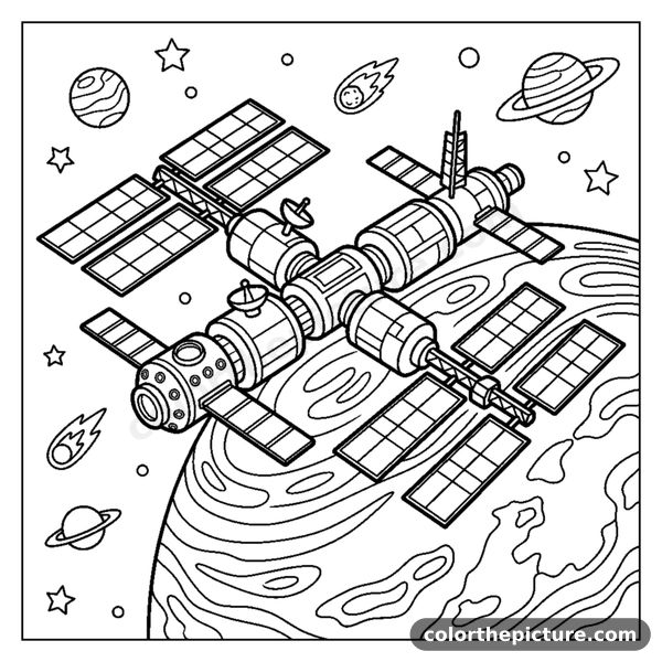 Space station orbiting a planet coloring page
