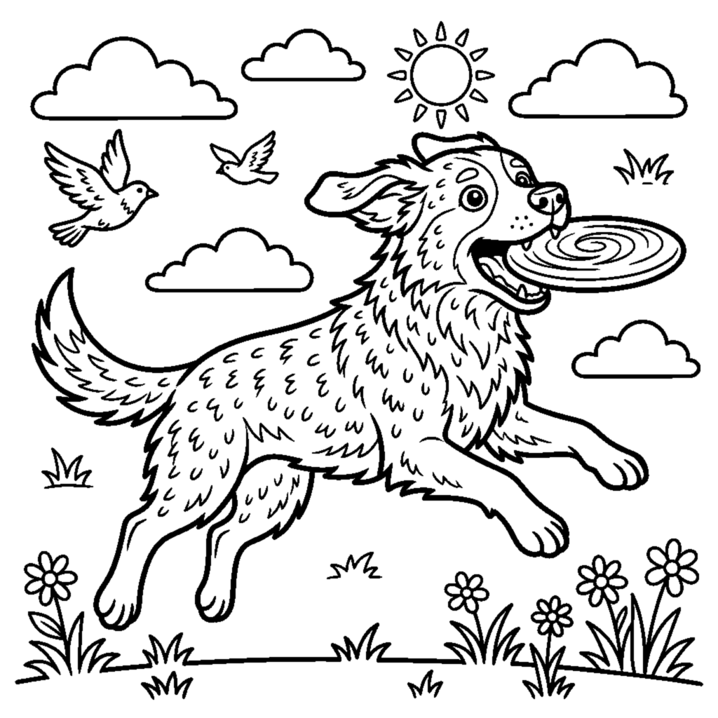 Desenho para colorir: Cachorro pegando o frisbee