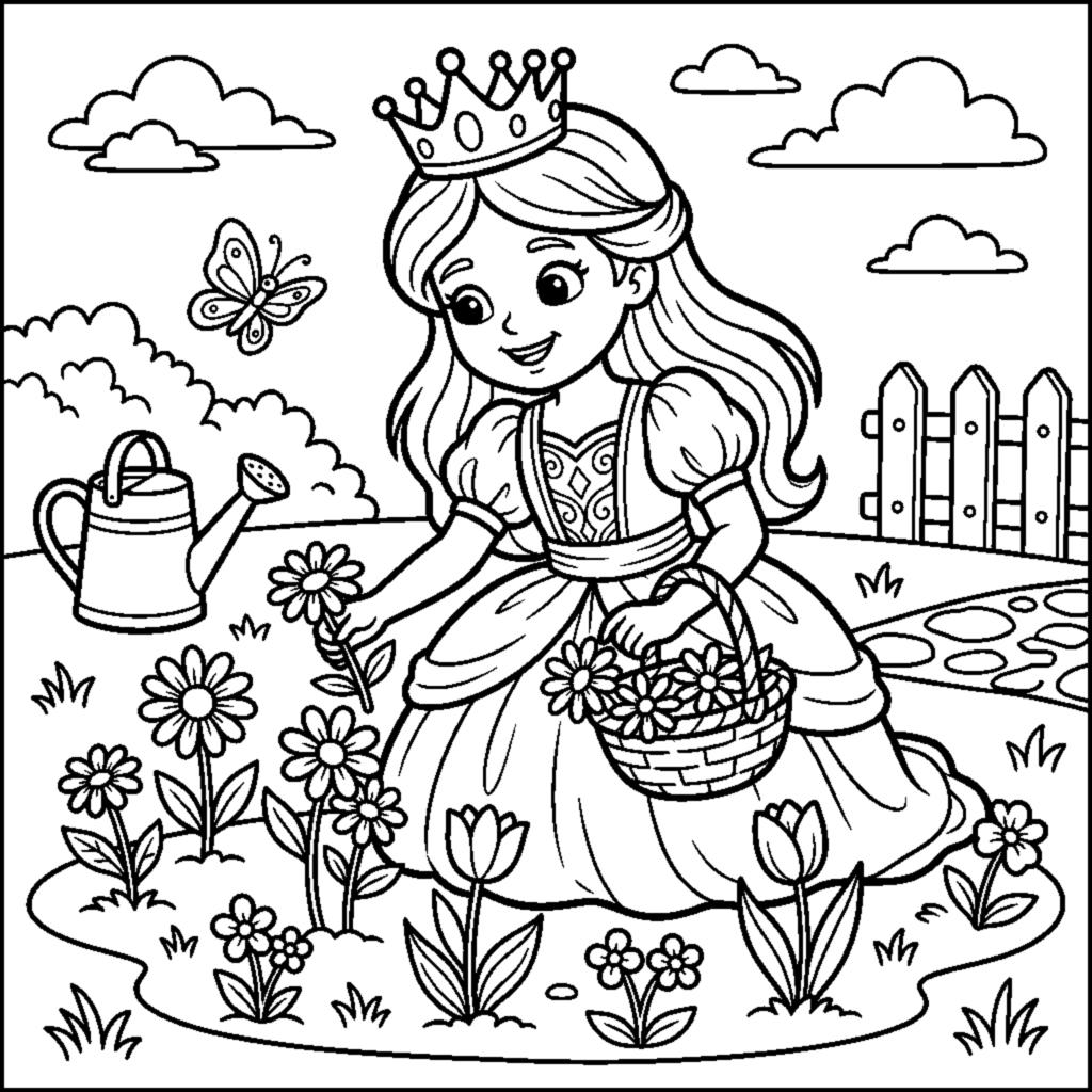 Princess picking flowers coloring page