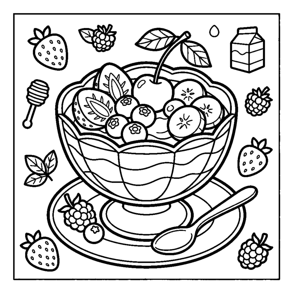 Desenho para colorir: Pudim de frutas na tigela