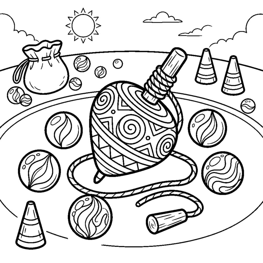 Marbles and spinning top coloring page