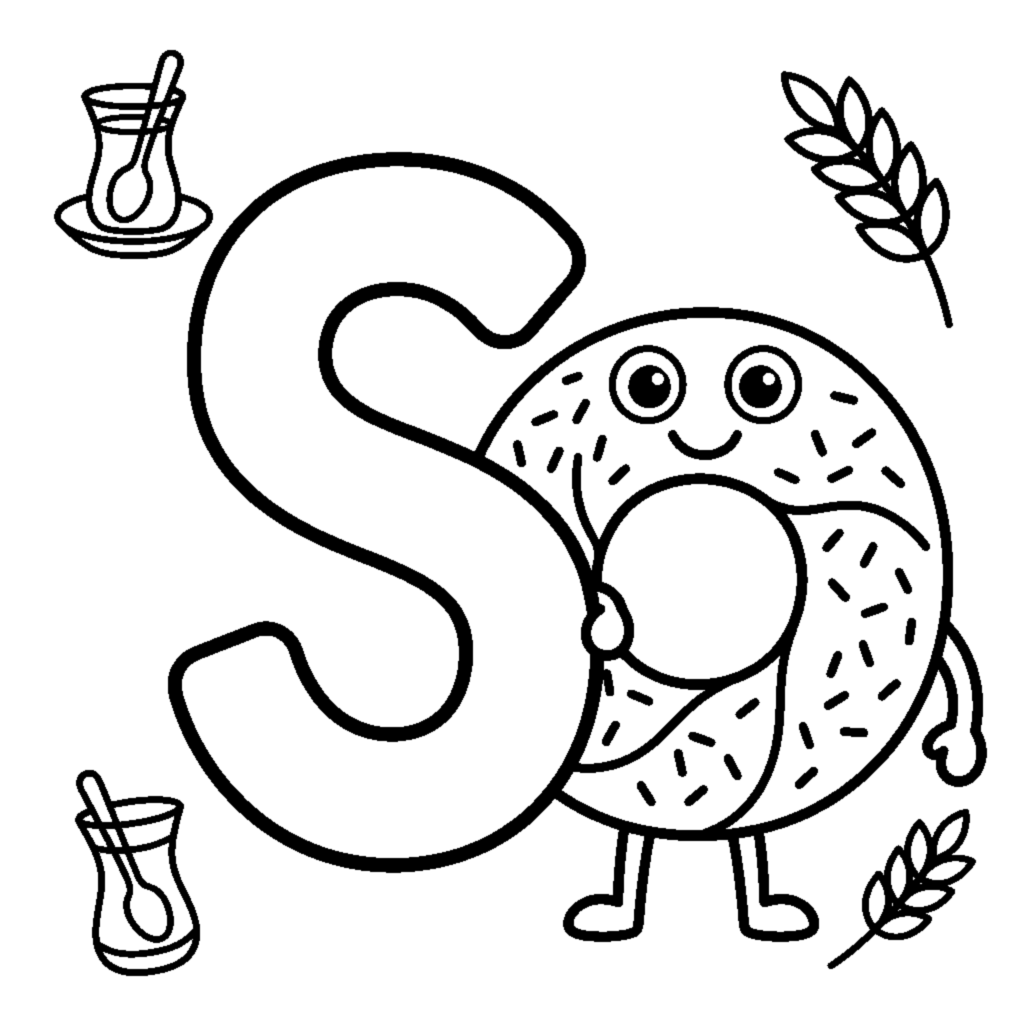 Dibujo para colorear: Letra S y una rosquilla sabrosa