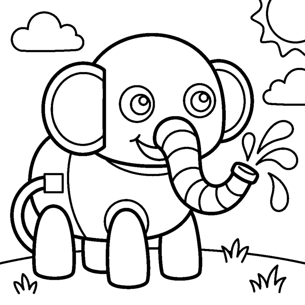 Cute robot elephant squirting water from its trunk coloring page