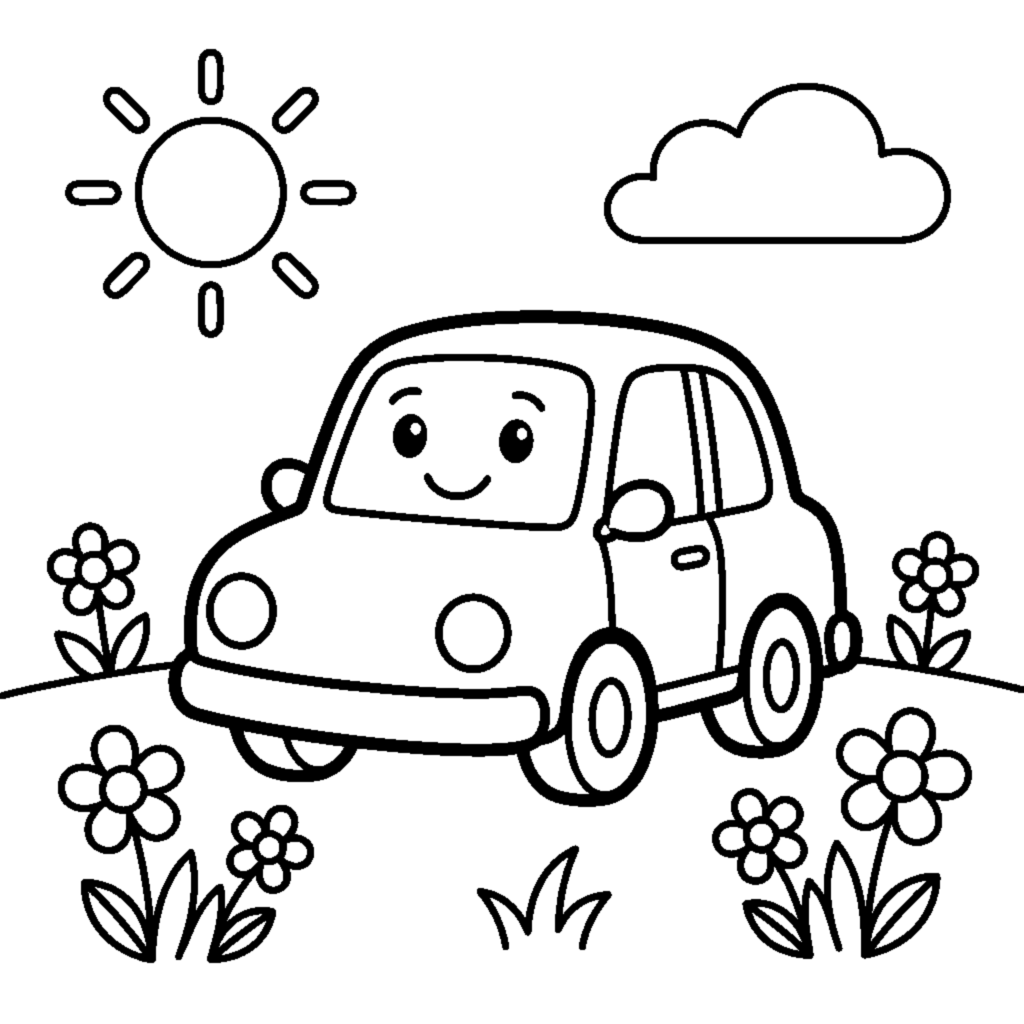 Smiling little car in a flower field coloring page