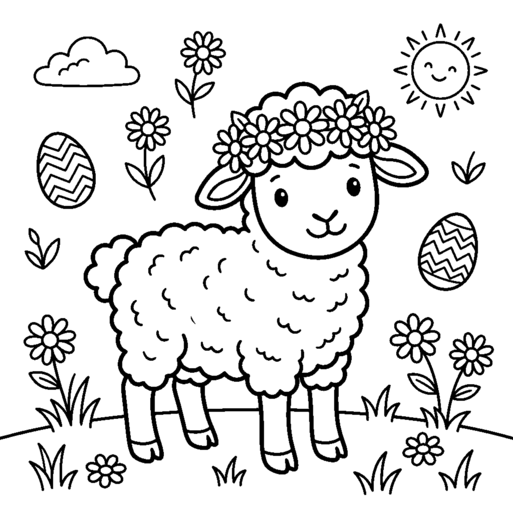 Little lamb with a daisy wreath coloring page