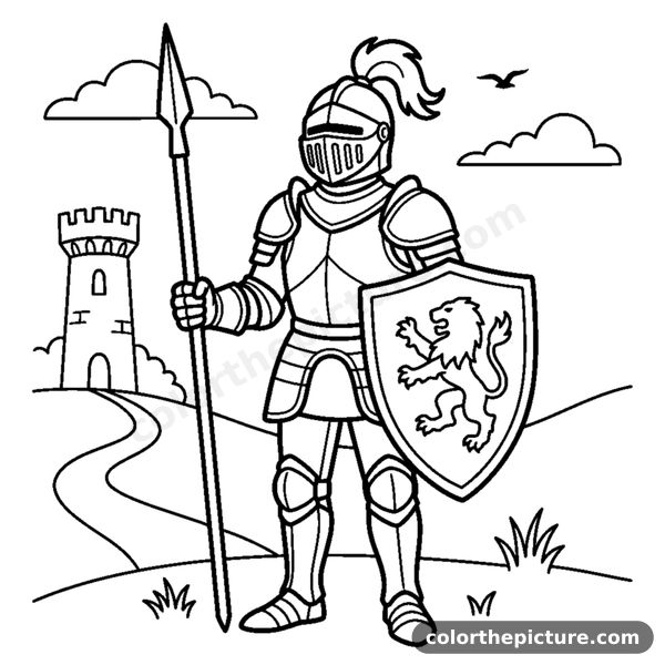 Knight in armor with a lance coloring page