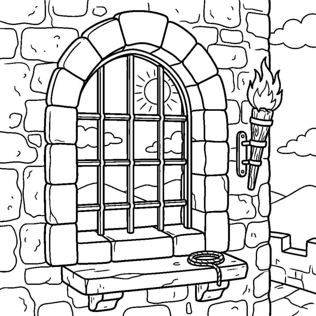 Stone tower with an arched window and torch coloring page