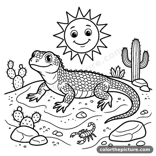 Desert lizard sunbathing on the sand coloring page