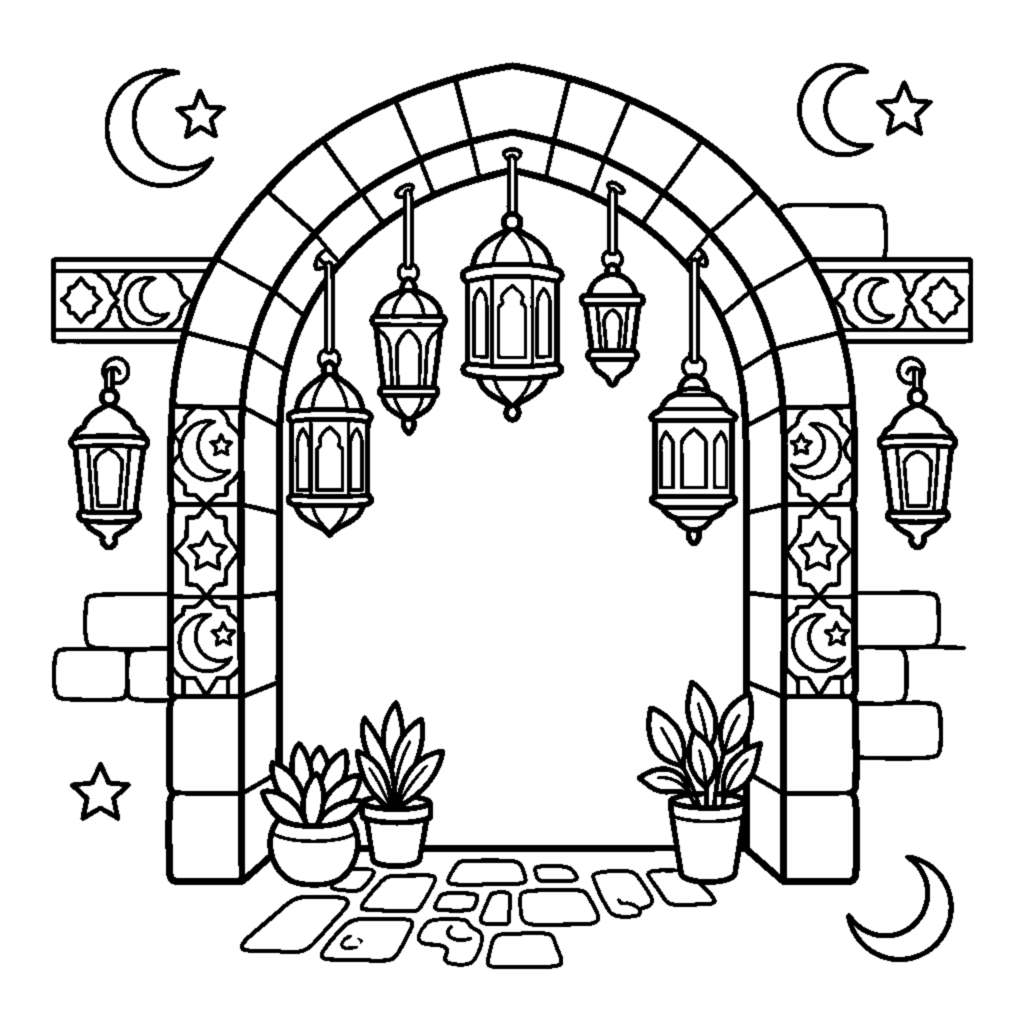 Archway decorated with lanterns coloring page