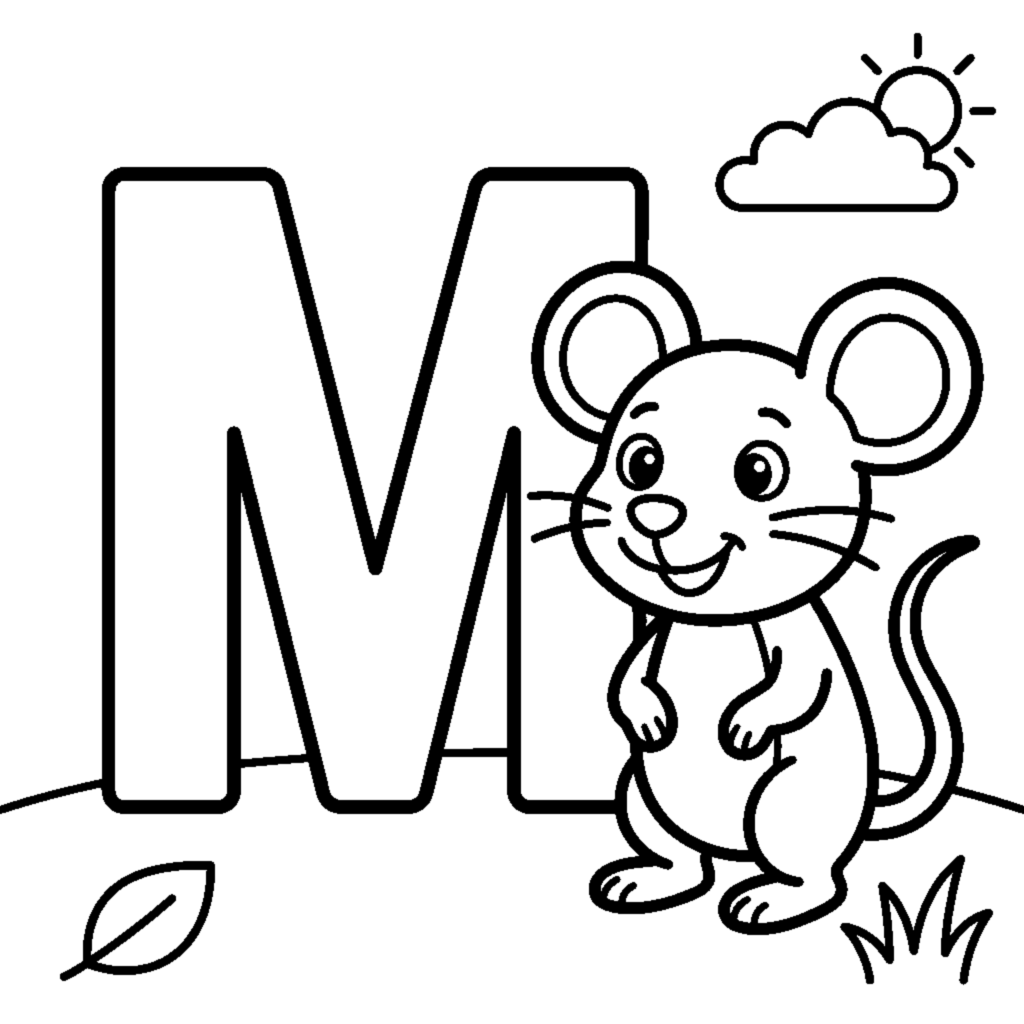 Buchstabe M und eine Maus in einer fröhlichen Szene boyama sayfası