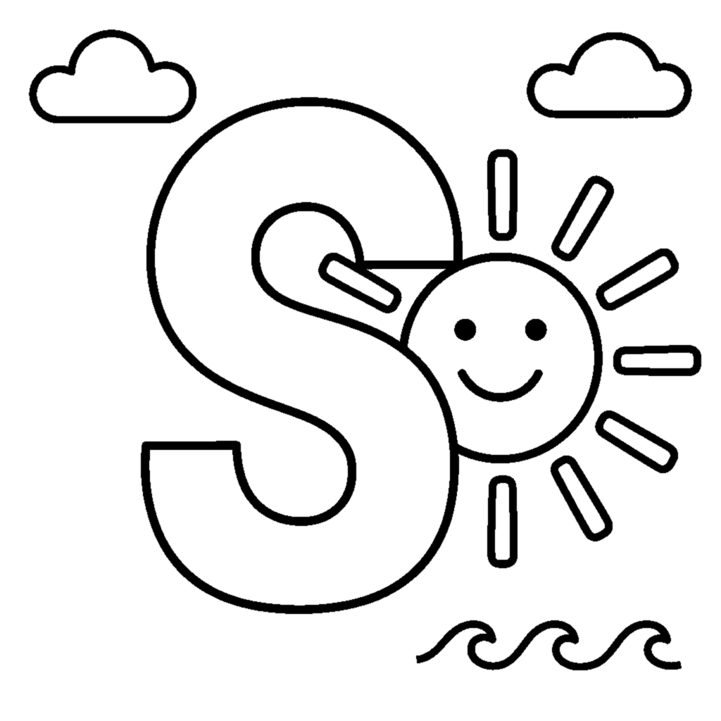 Desenho para colorir: Buchstabe S und eine Sonne in einer fröhlichen Szene
