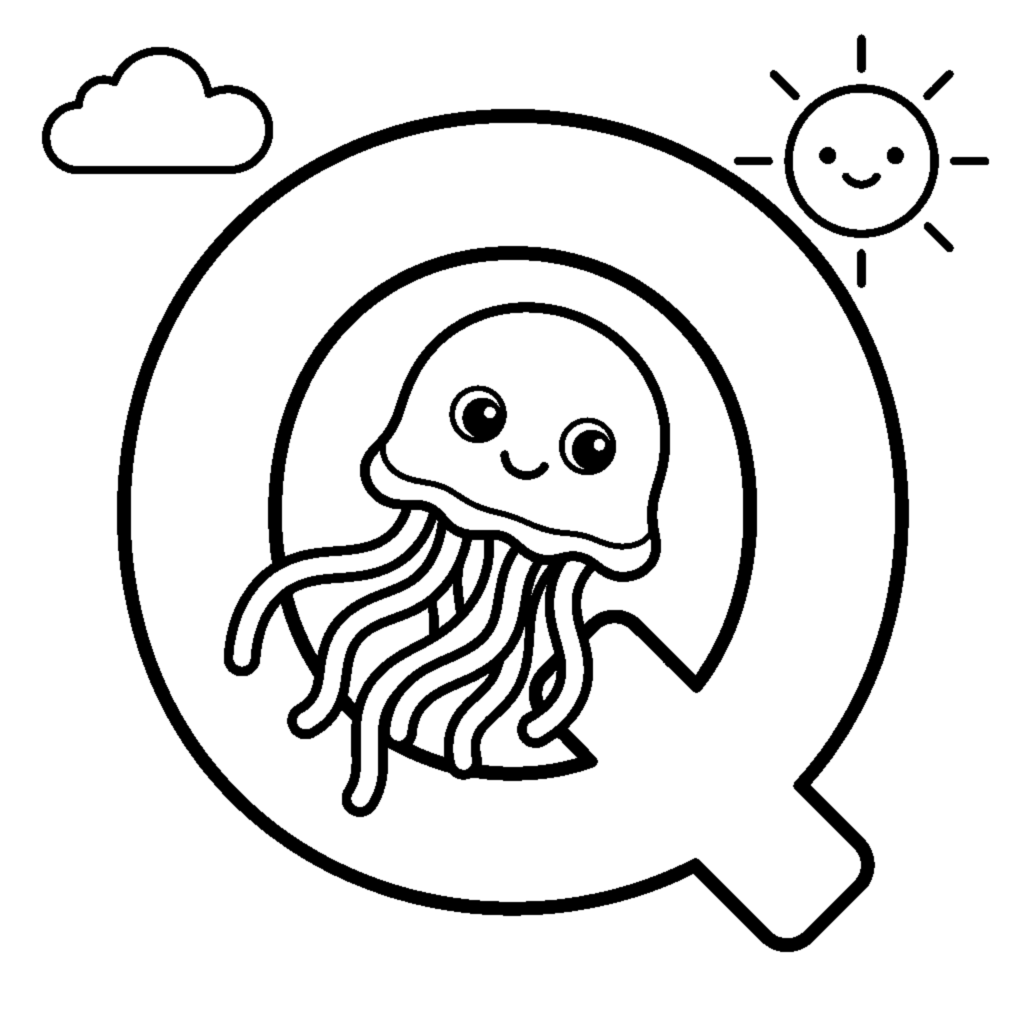 Buchstabe Q und eine Qualle in einer fröhlichen Szene coloring page