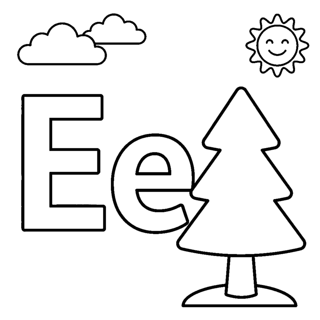 Dibujo para colorear: Буква Е и ель в весёлой сцене