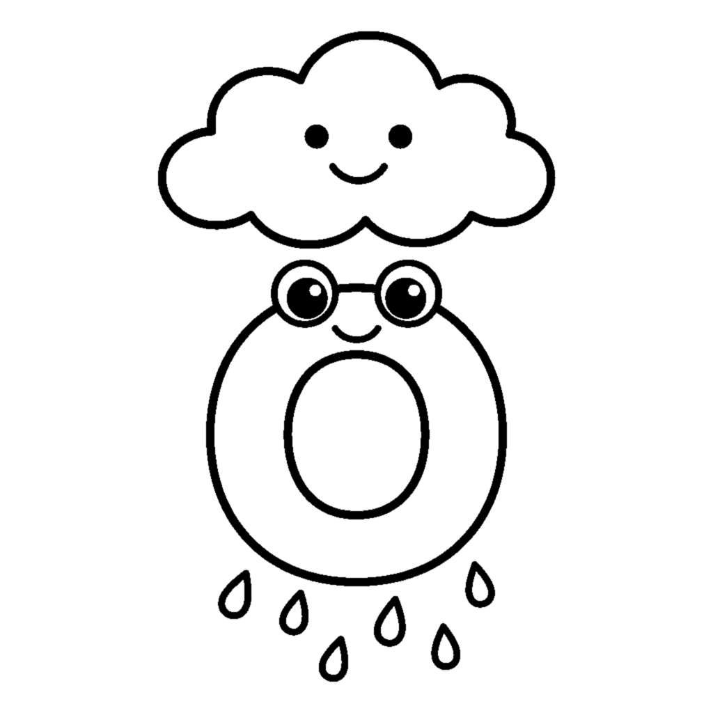 Буква О и облако в весёлой сцене coloring page