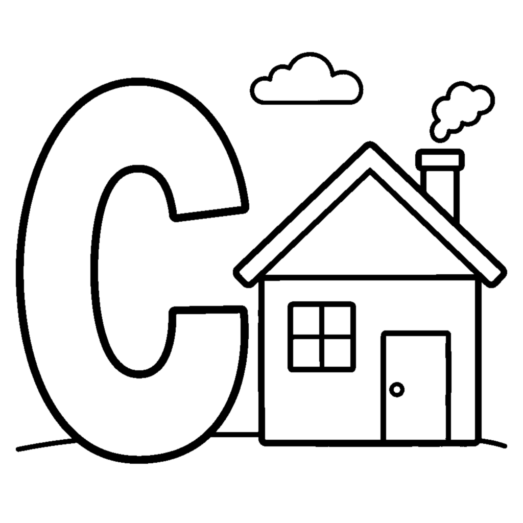Dibujo para colorear: Letra C y una casa en una escena alegre