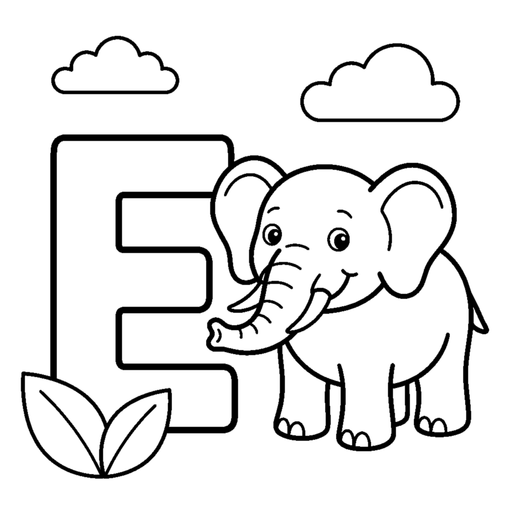 Раскраска «Letra E y un elefante en una escena alegre»