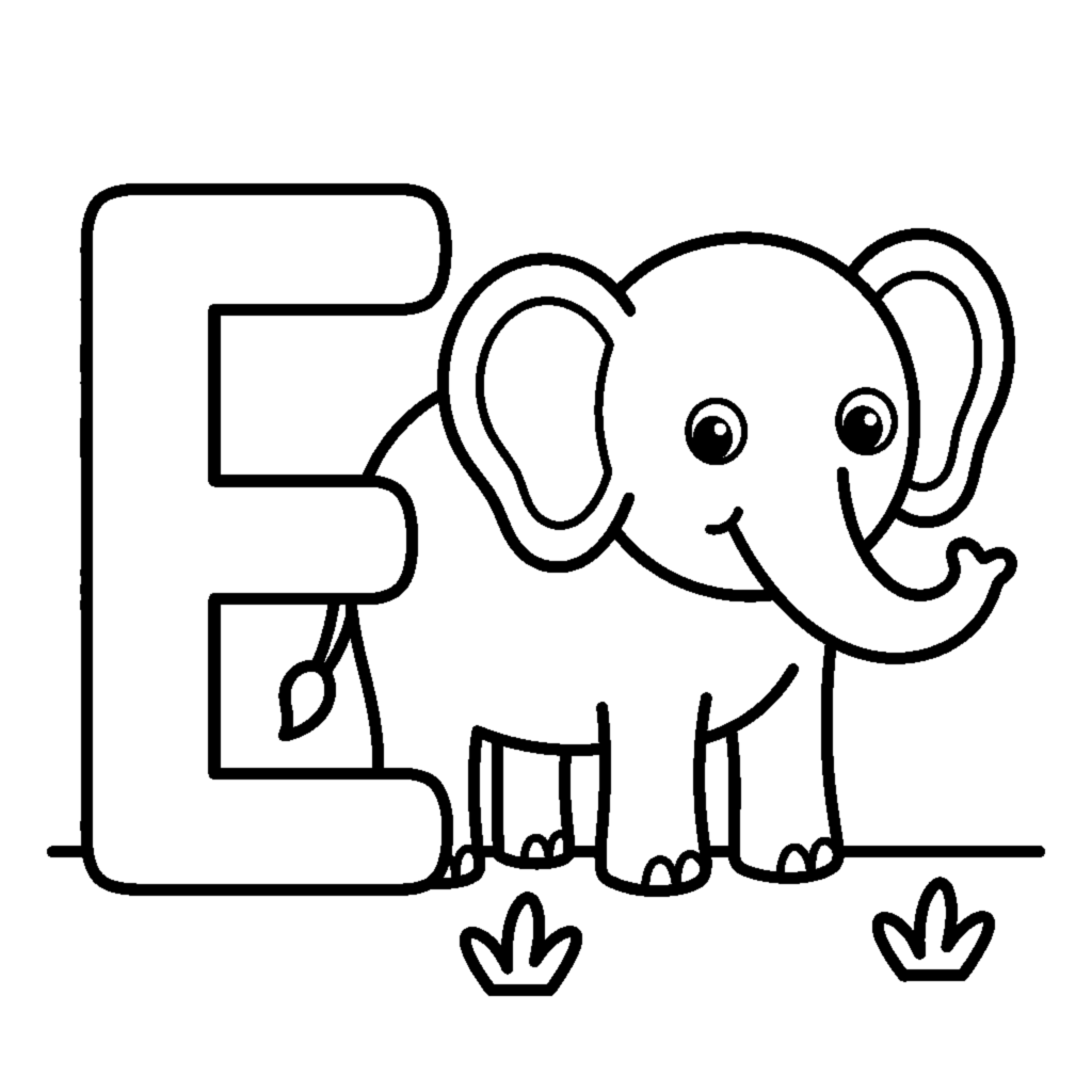 Dibujo para colorear: Lettre E et un éléphant dans une scène joyeuse