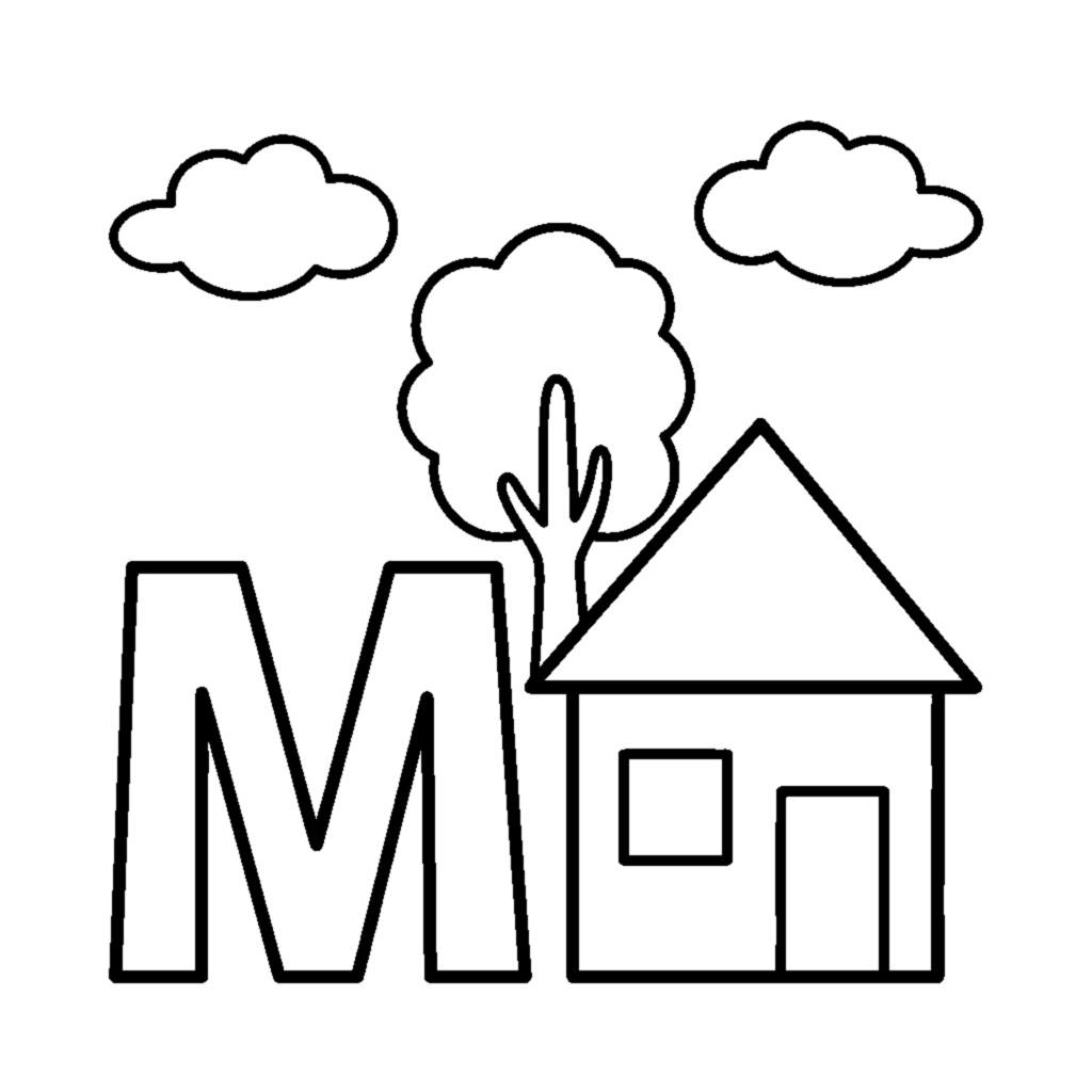 Lettre M et une maison dans une scène joyeuse coloring page