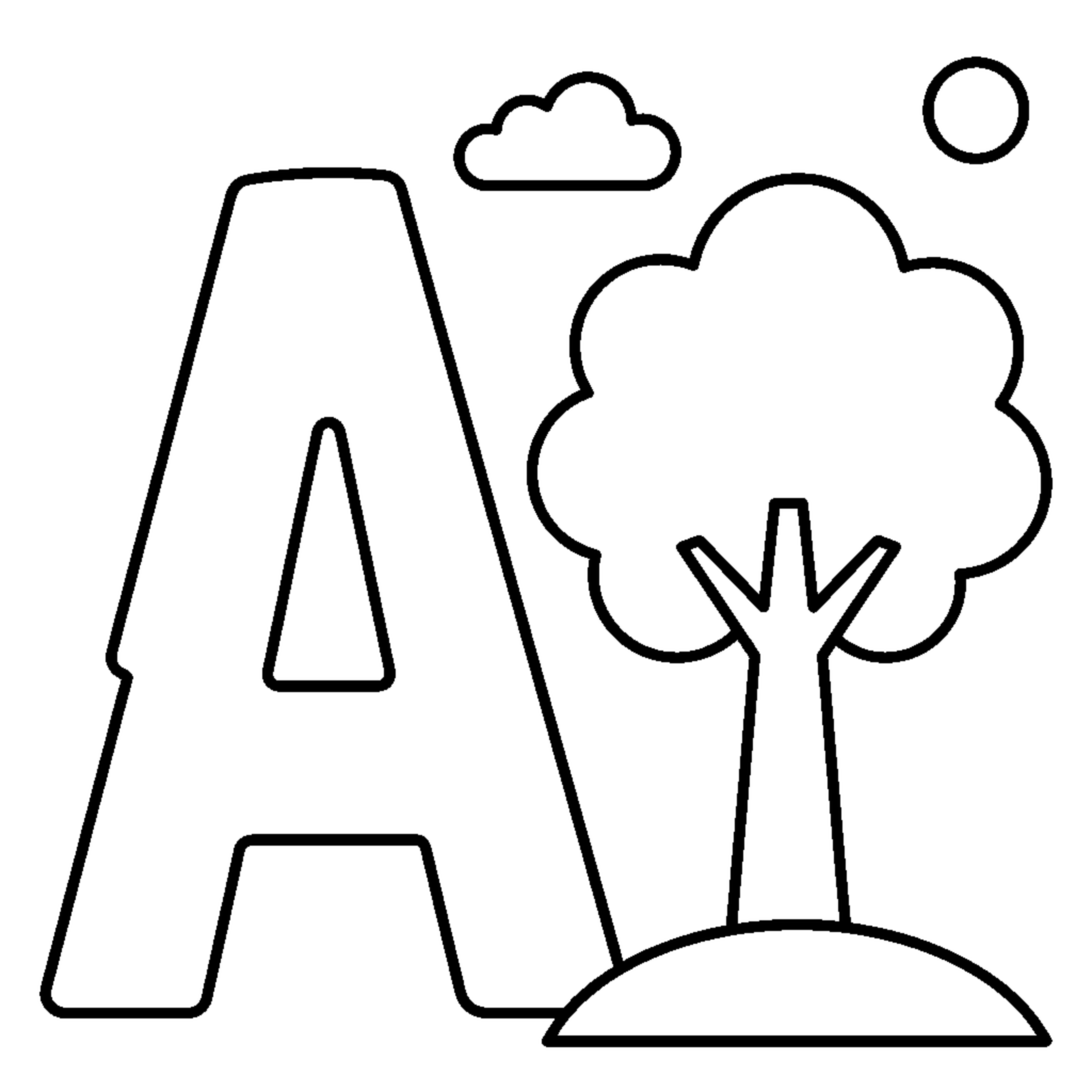 Lettera A e un albero in una scena allegra boyama sayfası