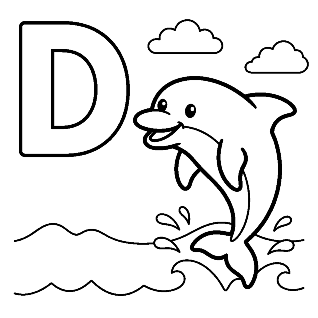 Desenho para colorir: Lettera D e un delfino in una scena allegra